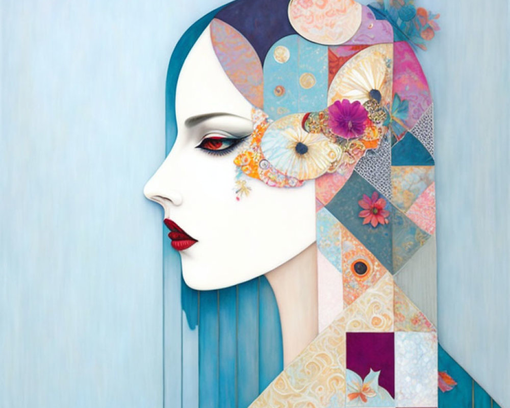 Stylized woman with blue hair and colorful patterns, adorned with flowers.