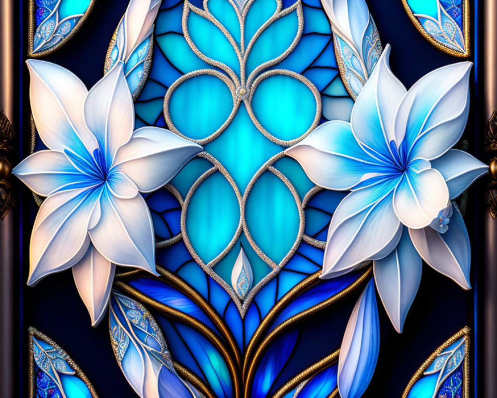 Symmetrical blue and white floral digital art on stained glass background