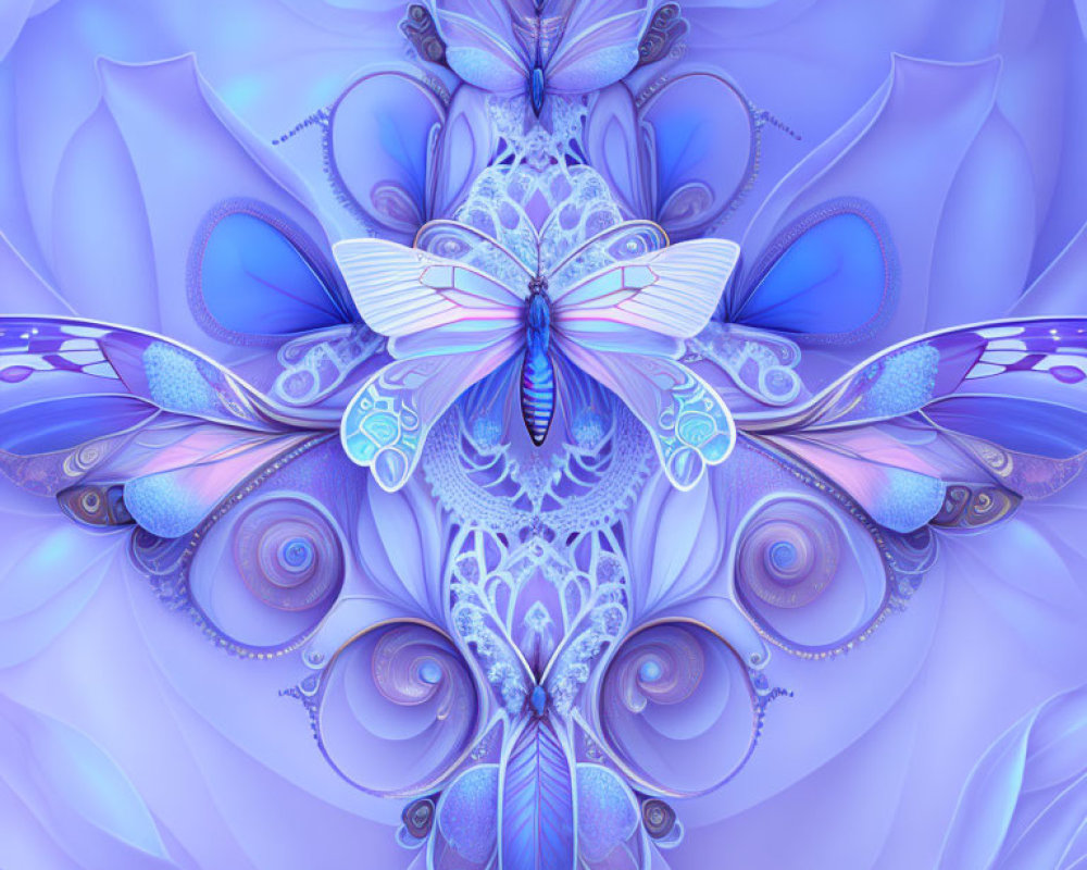 Symmetrical fractal design in blue and purple with butterfly wing and floral motifs