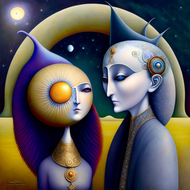 Celestial humanoid figures in surreal artwork with sun and moon motifs