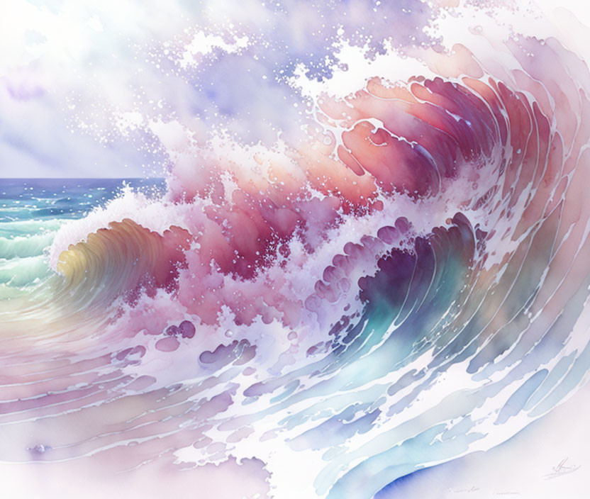 Colorful Watercolor Painting of Ocean Wave in Pink, Purple, and Blue