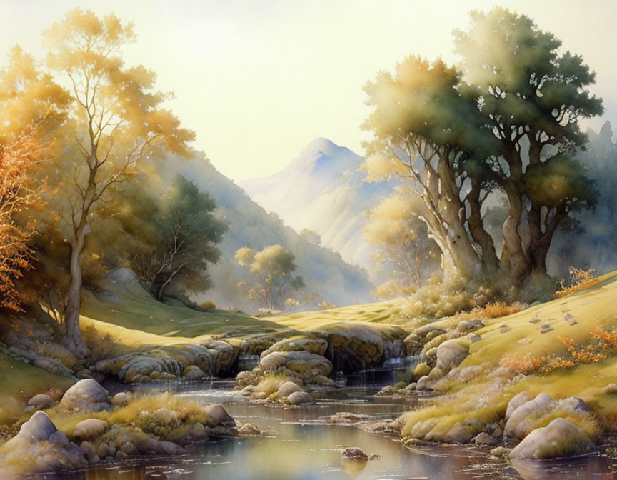 Tranquil autumn landscape with stream, trees, mountains, and soft sunlight