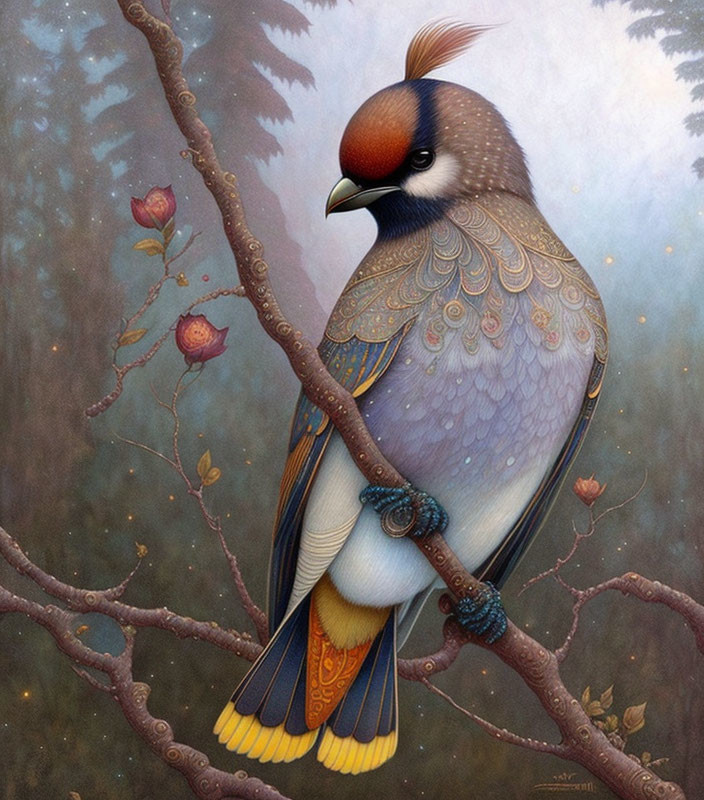 Detailed stylized bird illustration perched on branch with vibrant plumage.