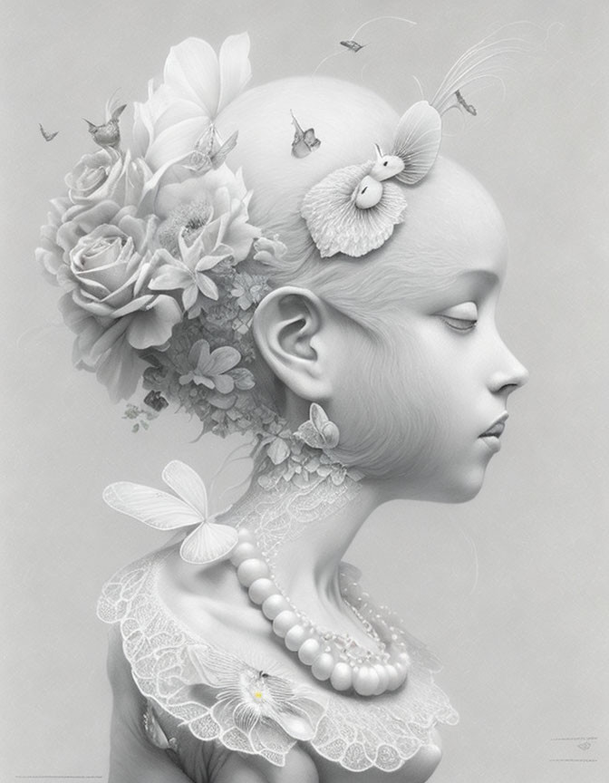 Monochromatic profile portrait with floral and butterfly motifs.