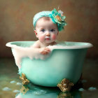 Charming Baby Illustration in Vintage Bathtub with Big Eyes