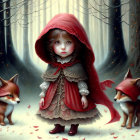 Young girl in red cloak with fox-headed creatures in snowy forest