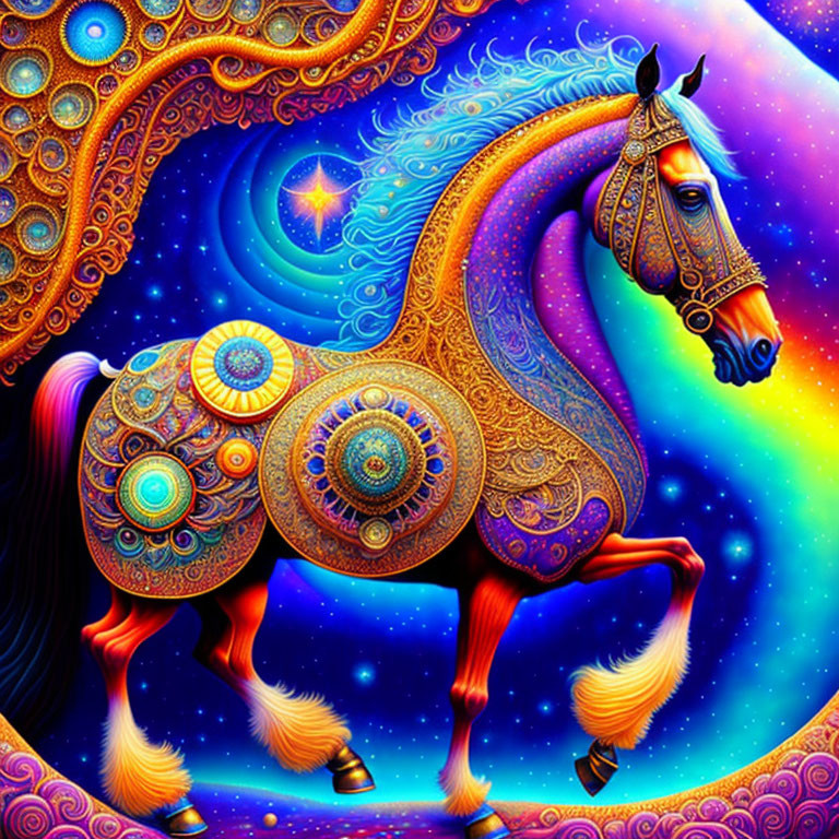 Colorful Psychedelic Horse Artwork with Cosmic Background