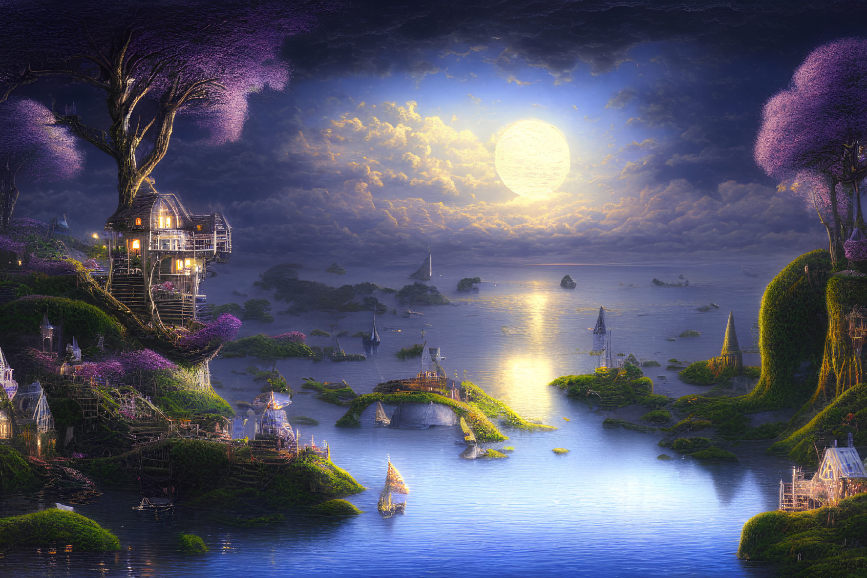 Nighttime fantasy landscape with glowing full moon, illuminated houses, hills, trees with purple foliage, and