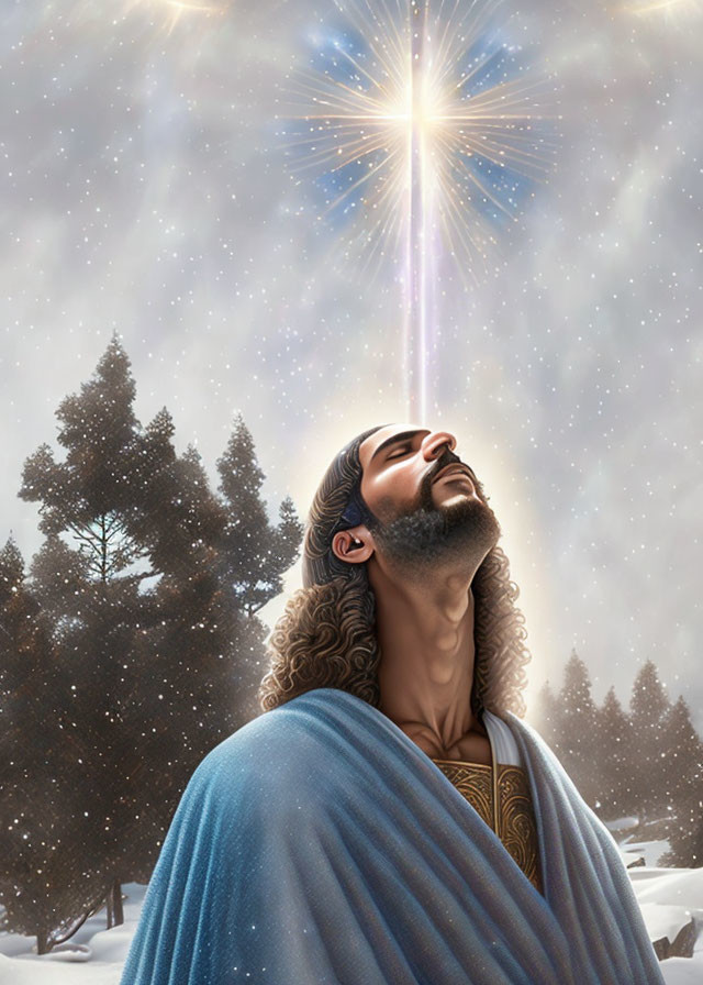 Bearded man in blue and gold robe gazes at shining star in snowy forest