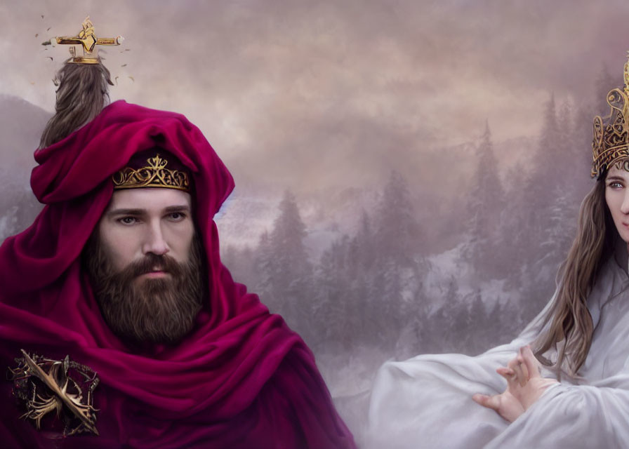 Bearded man and woman in crowns in mystical forest landscape