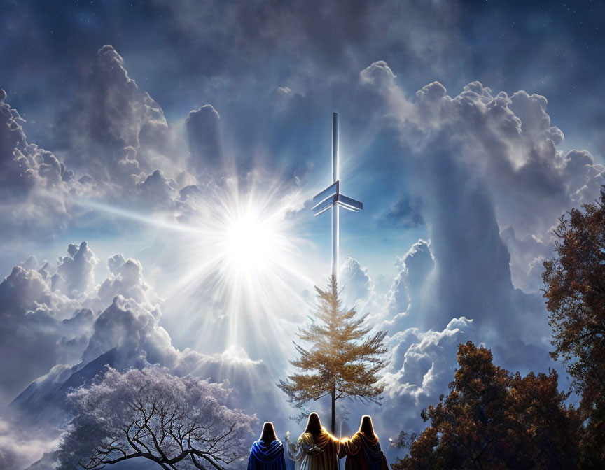 Three robed figures gazing at radiant cross in dramatic sky