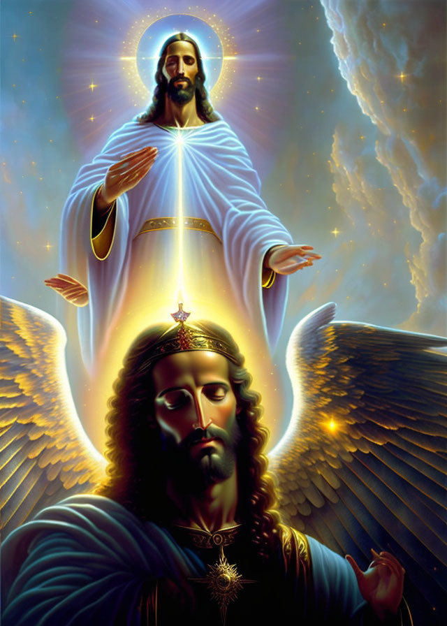 Religious artwork: Jesus with outstretched arms above angel and glowing cross