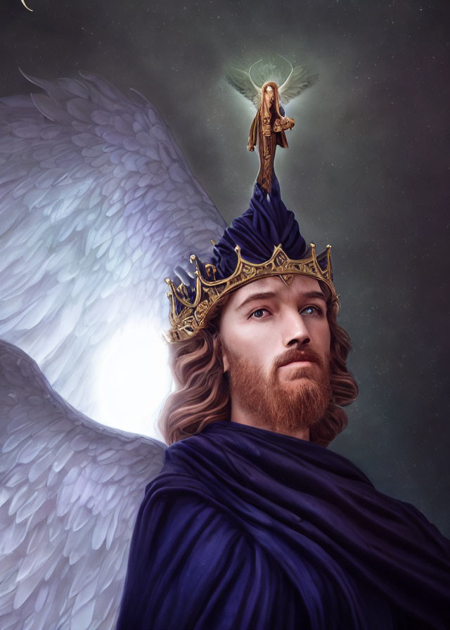 Regal figure with angelic wings and crown gazes at radiant entity in starry setting
