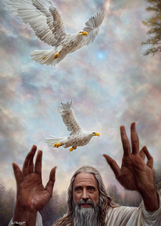 Majestic eagles flying with man in white robes under cloudy sky