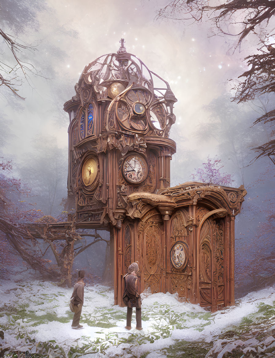 Detailed wooden clock tower in snowy forest with observers