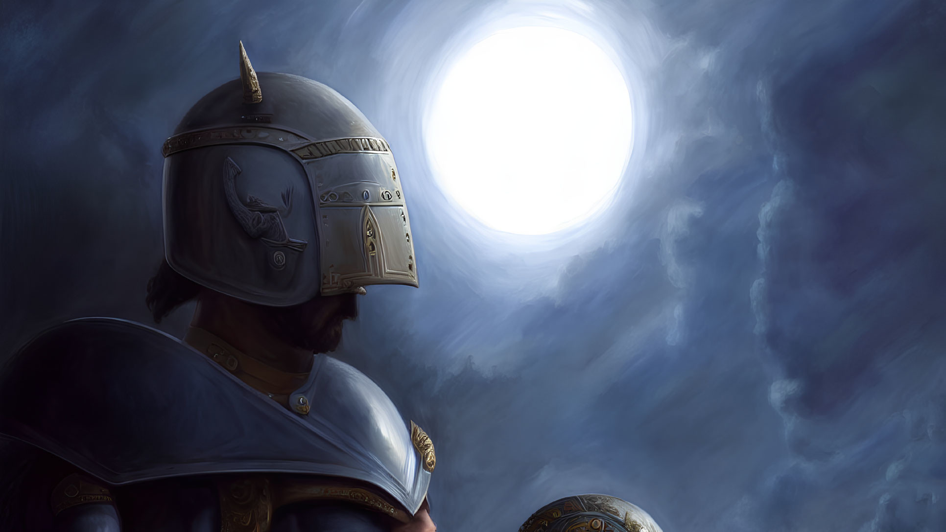 Medieval knight in armor looking at bright light in cloudy sky