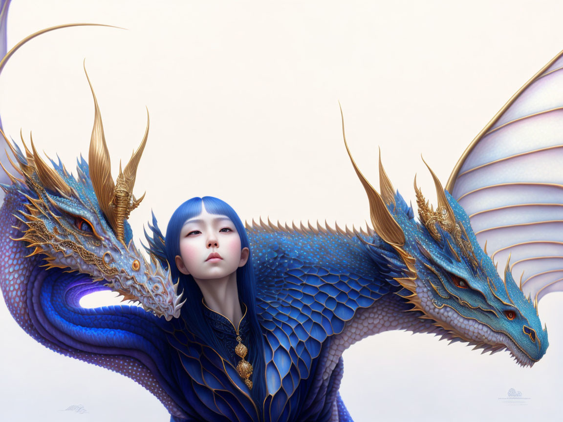 Blue-haired person and majestic dragon in digital artwork