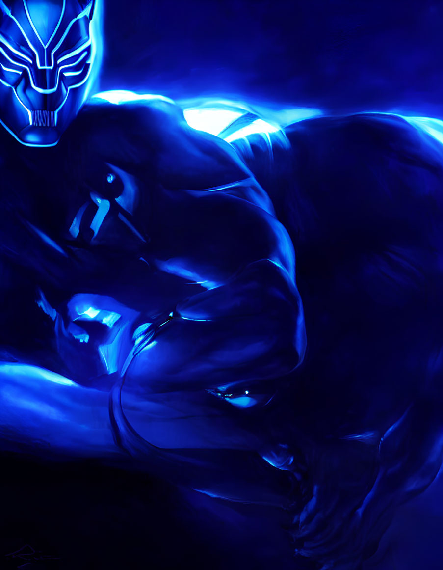 Blue Glowing Figure in Dynamic Pose with Intense Lighting