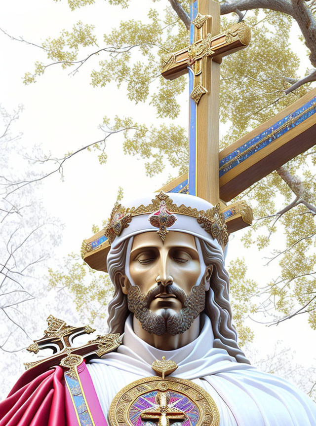 Golden Crowned Jesus Statue in Red & White Robes with Cross