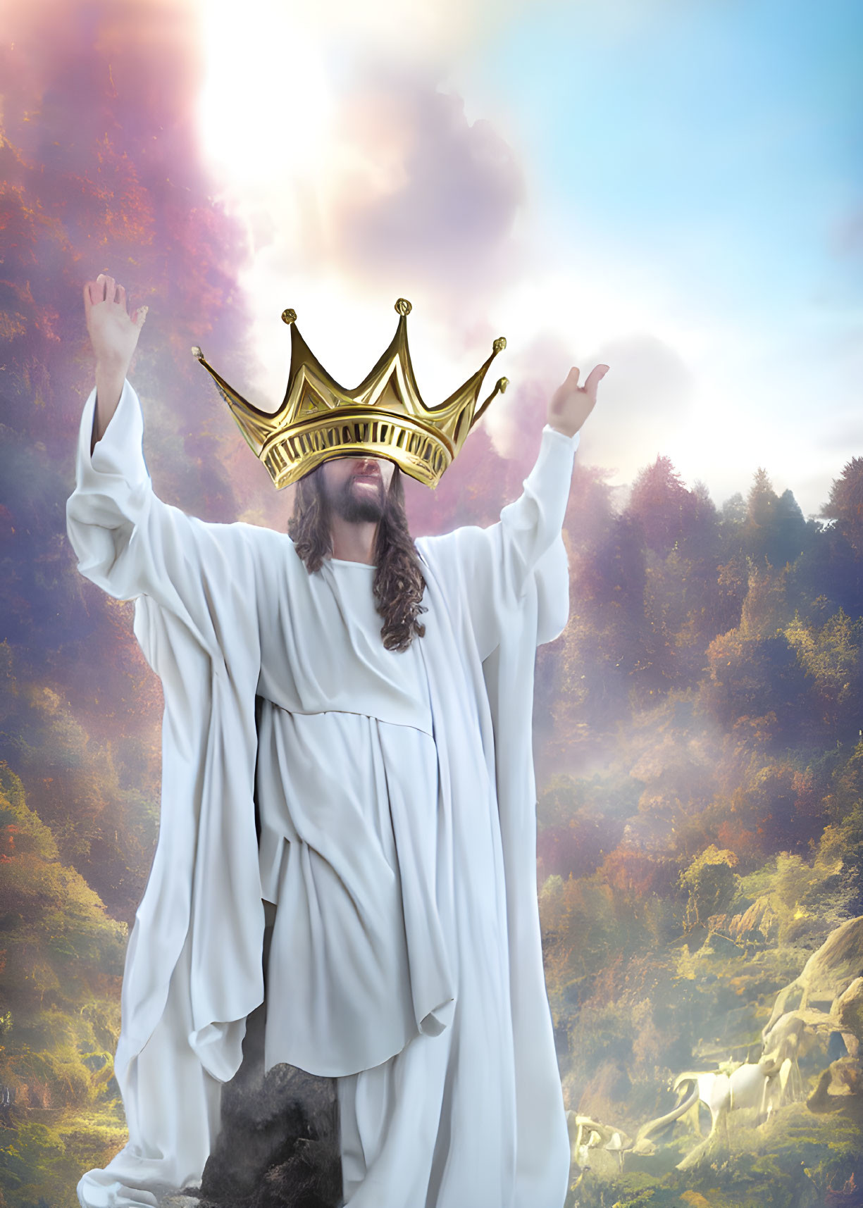 Person in white robes with raised arms and golden crown against surreal cloudy backdrop.