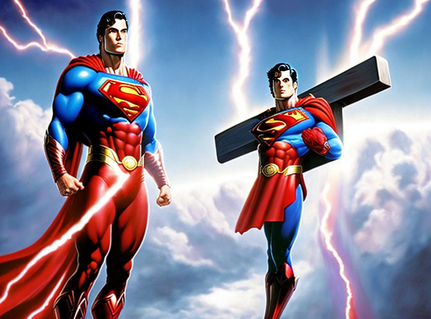 Illustrations of Superman in heroic poses under stormy skies