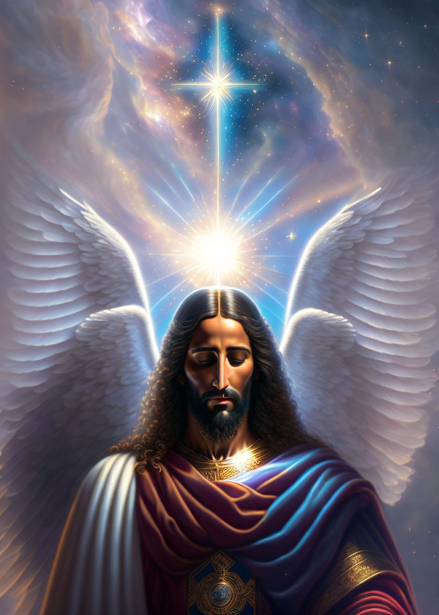 Bearded figure with wings in celestial setting