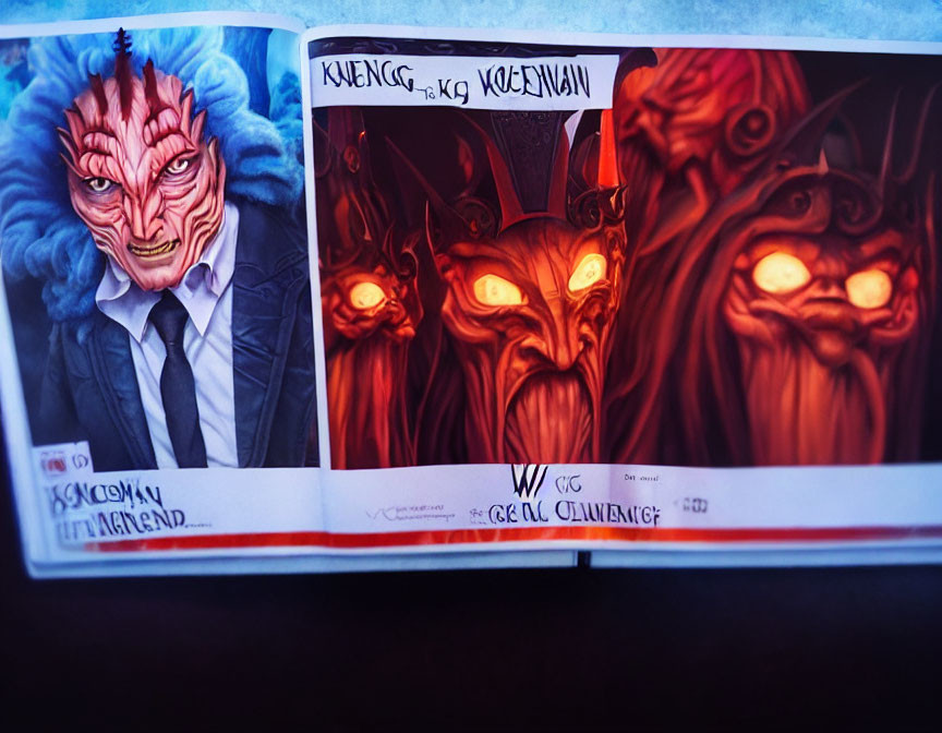 Illustrated open book: demonic figures with red eyes and horns on dark background