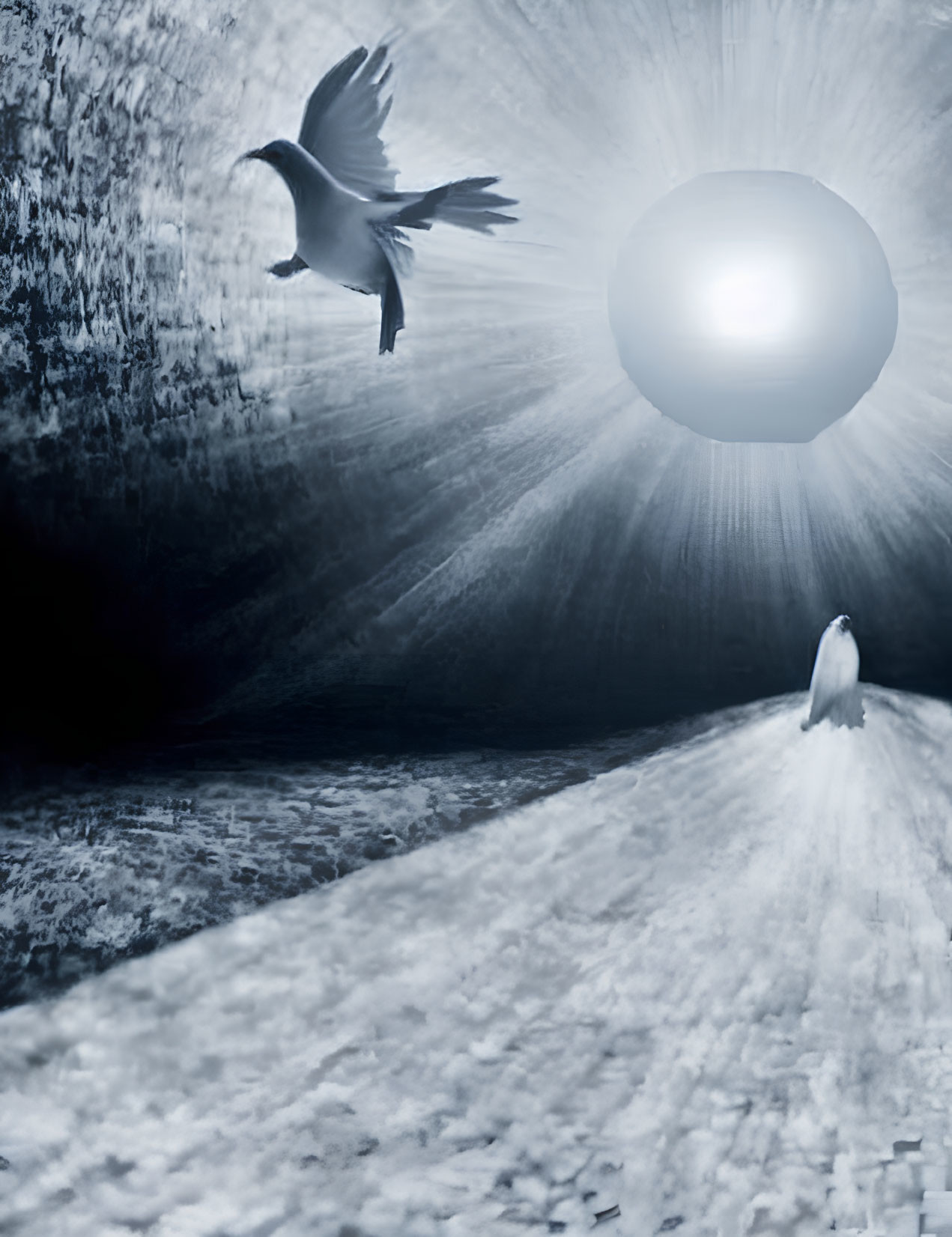 Monochrome surreal bird scene with glowing orb and textured ground
