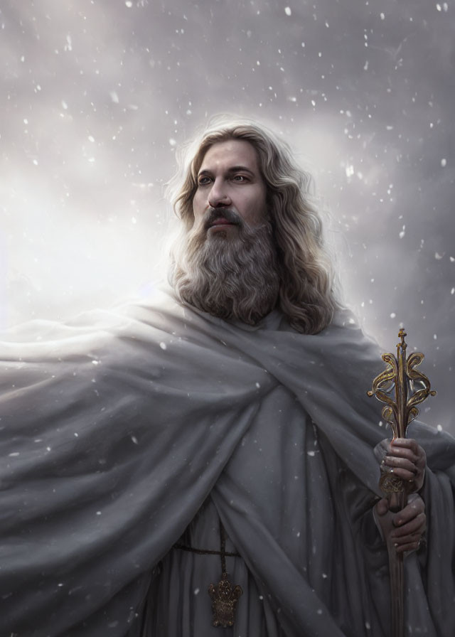 Bearded Figure in White Robes with Gold-Tipped Staff under Snowy Sky