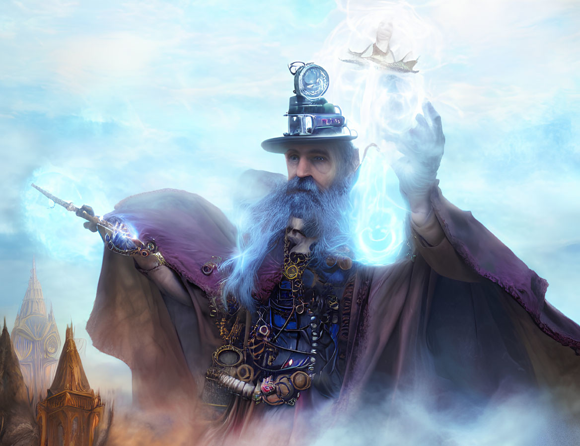 Bearded wizard in steampunk hat casting spell in mystical cityscape