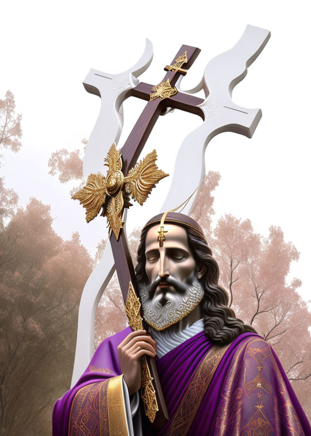 Bearded man in royal attire holding decorated cross in misty forest