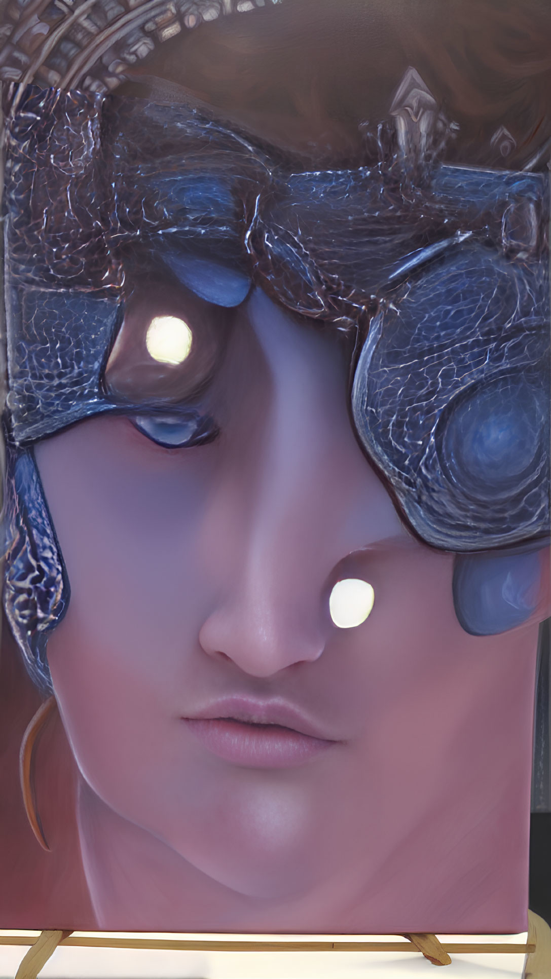 Detailed Close-Up of Female Face Artwork with Blindfold and Glowing Lights