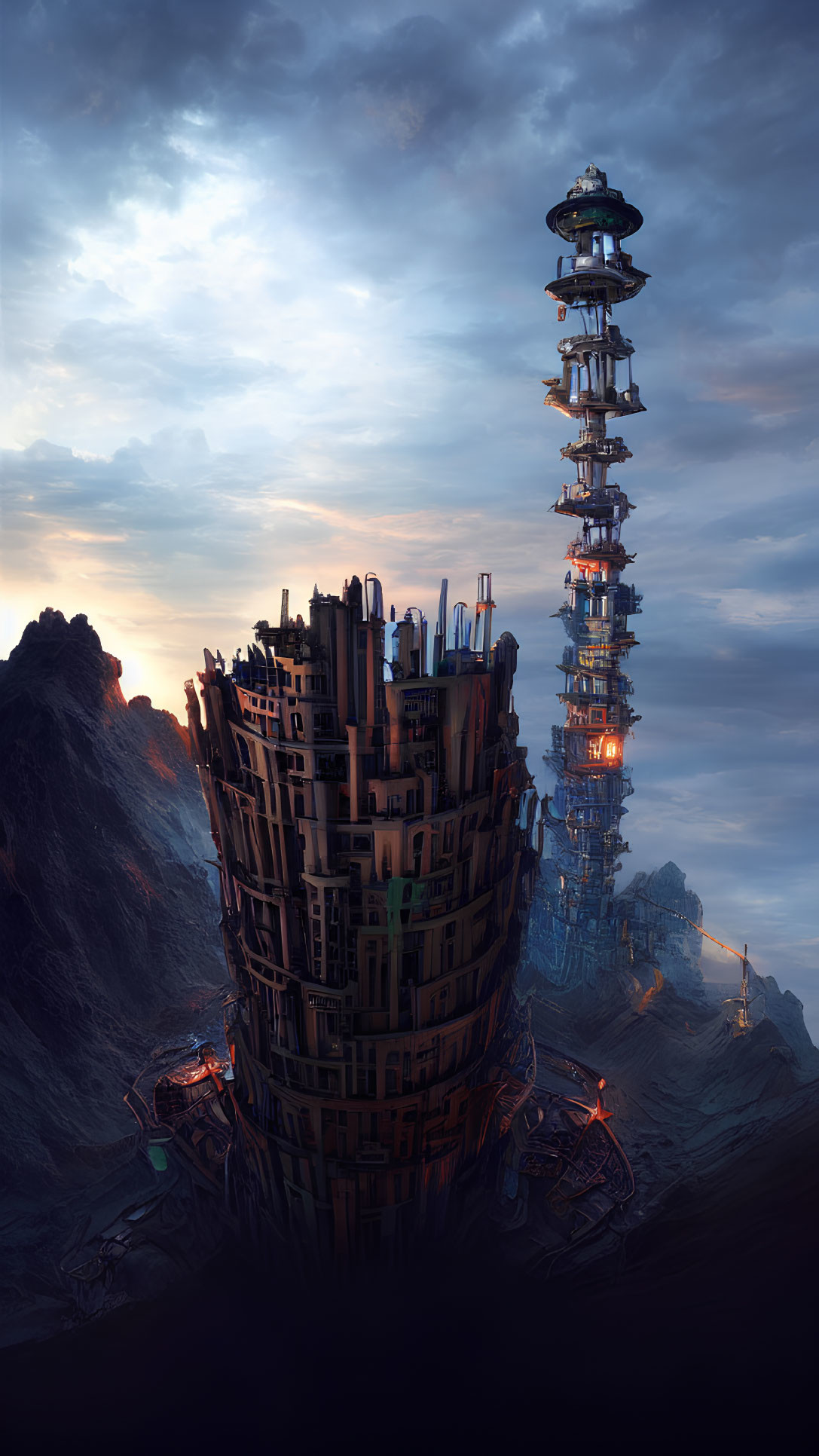 Futuristic multi-level structure in mountainous terrain at twilight