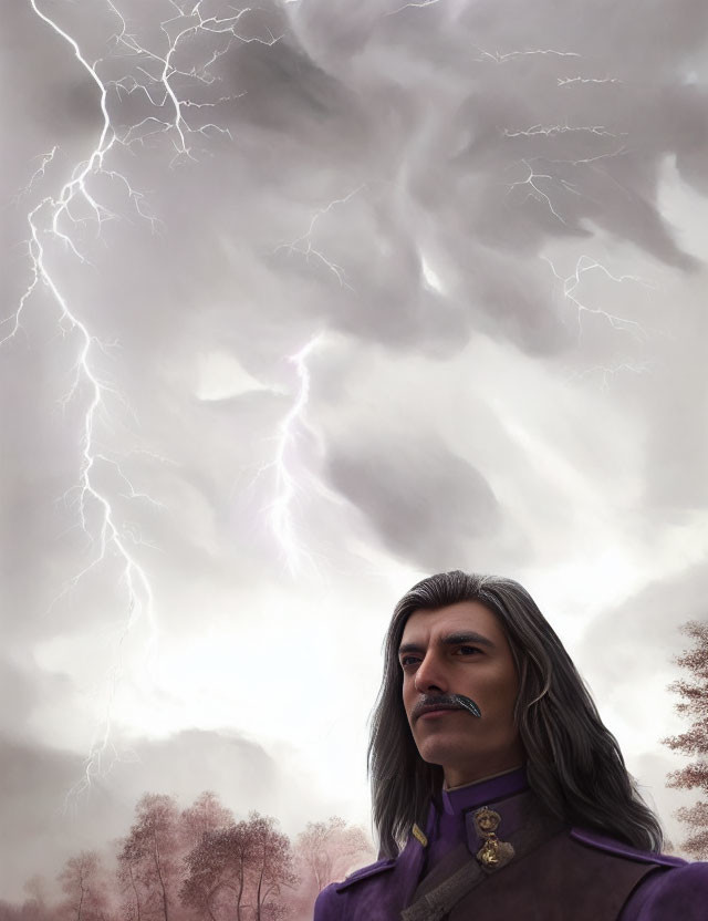 Man with mustache under stormy sky with lightning bolts
