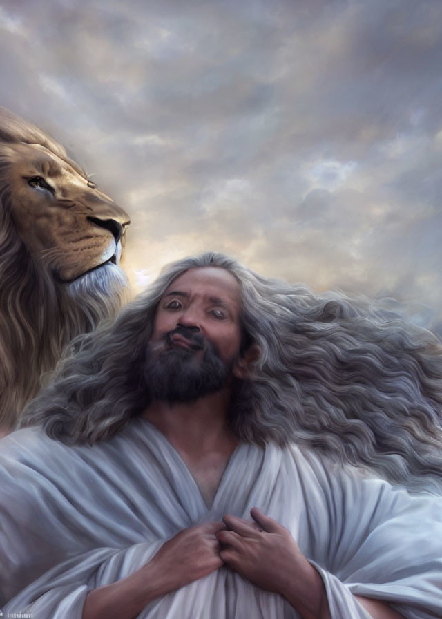 Serene man with long gray hair and lion in white robes under dramatic sky