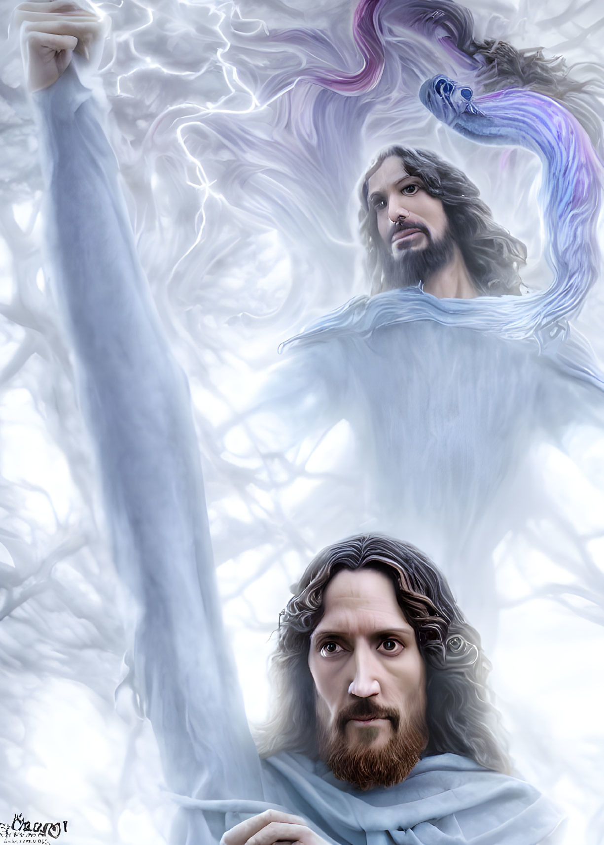 Mystical digital artwork of two ethereal male figures in mist with serpent