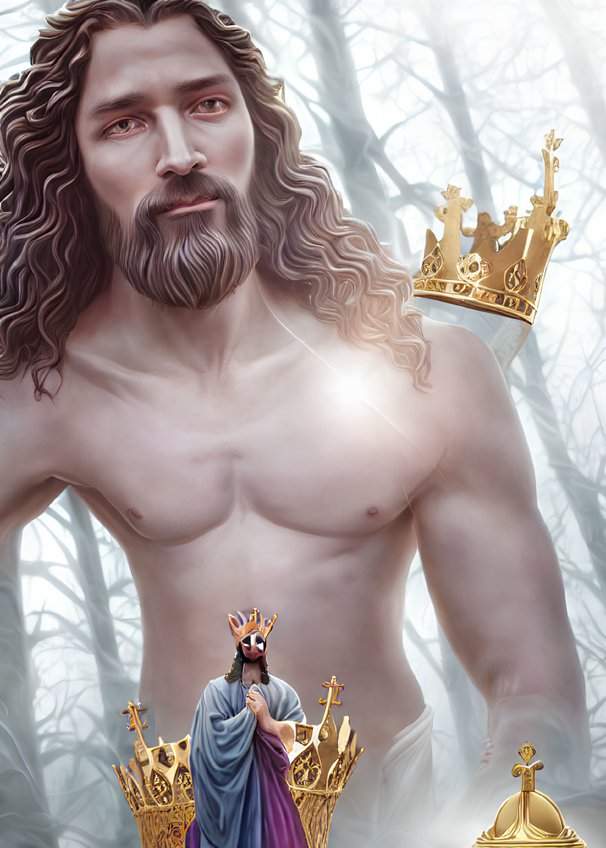 Digital artwork of giant man with crown and robed figure in misty forest