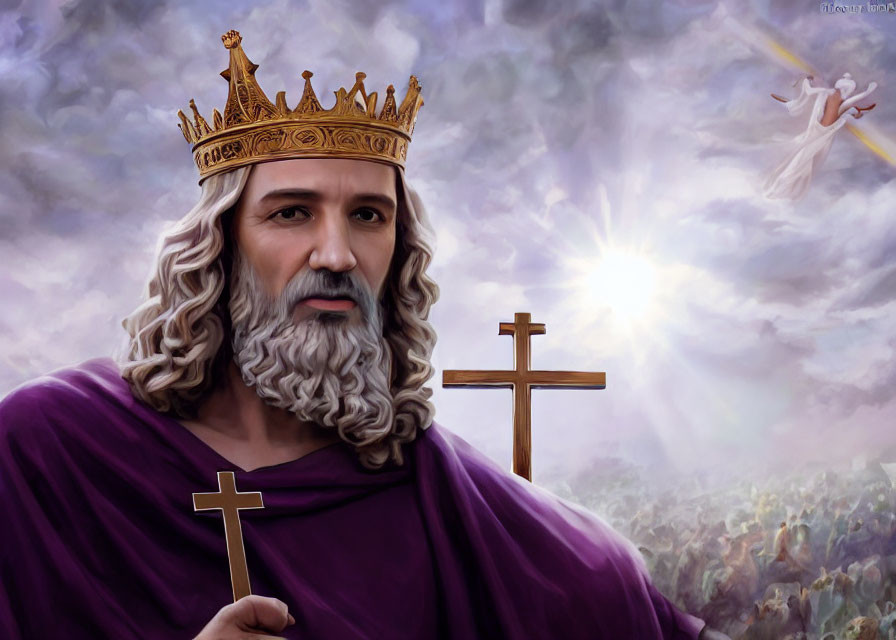 Regal figure in purple robe with golden crown holds cross amidst diverse crowd.
