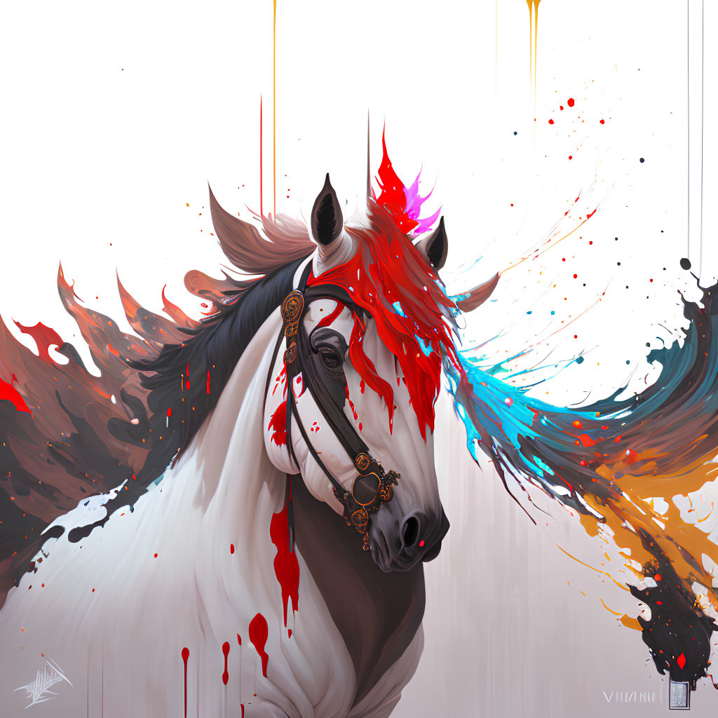 White horse digital artwork with vibrant mane and bridle gear on white background