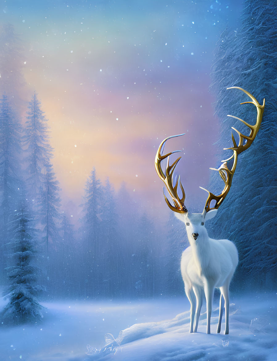 White stag in snowy forest under pastel sunset sky