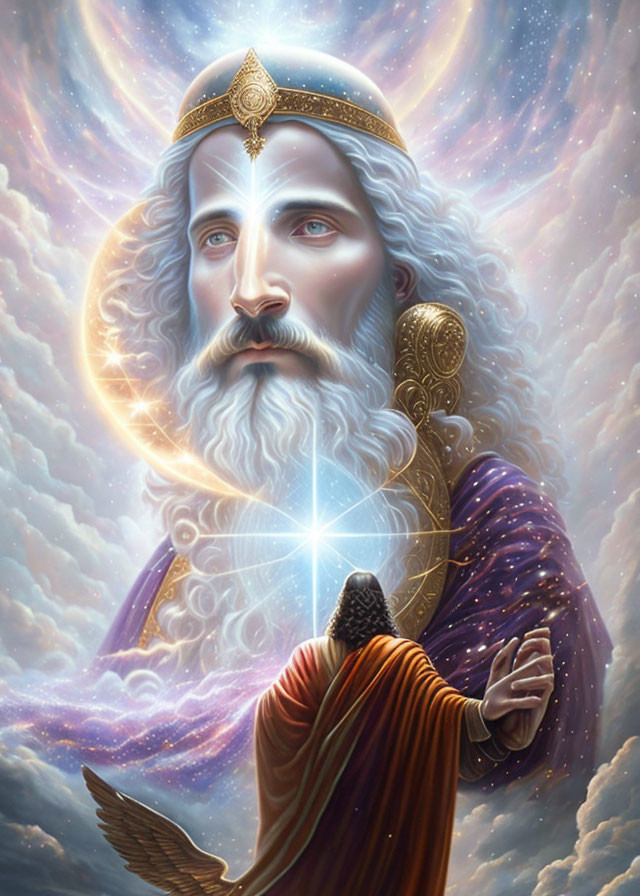 Majestic bearded figure in royal attire with shining light, gazing at smaller robed figure
