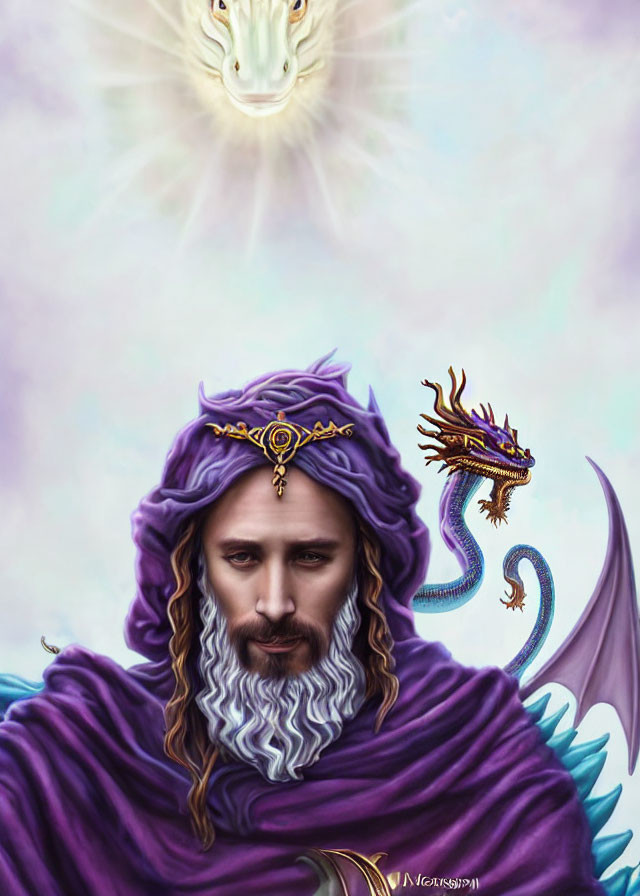 Bearded figure in purple cloak with dragon and mythical creature.