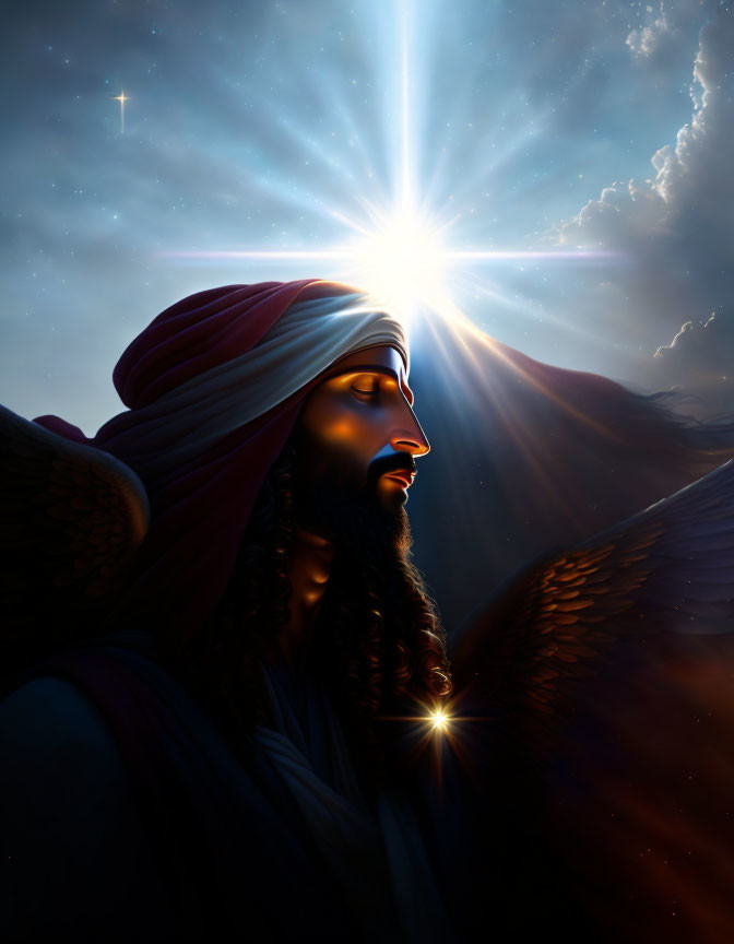 Majestic winged figure with radiant star in dramatic sky