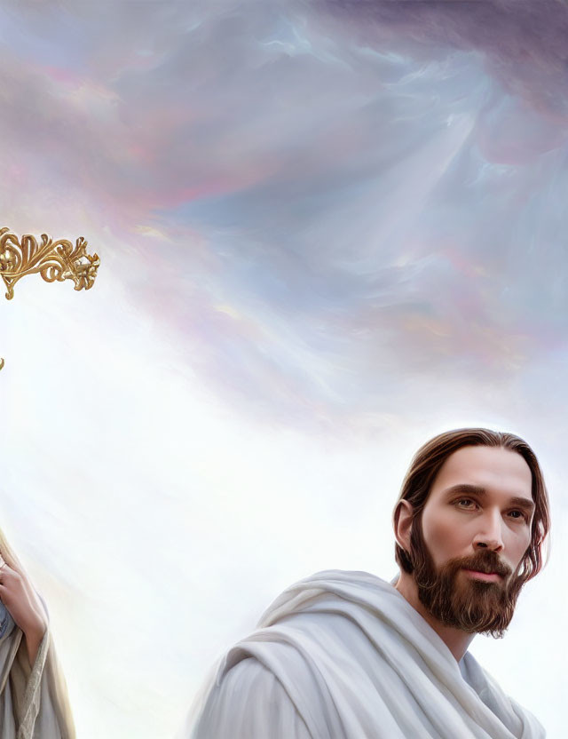 Man with Long Brown Hair and Beard in White Robe Gazing at Ethereal Clouds