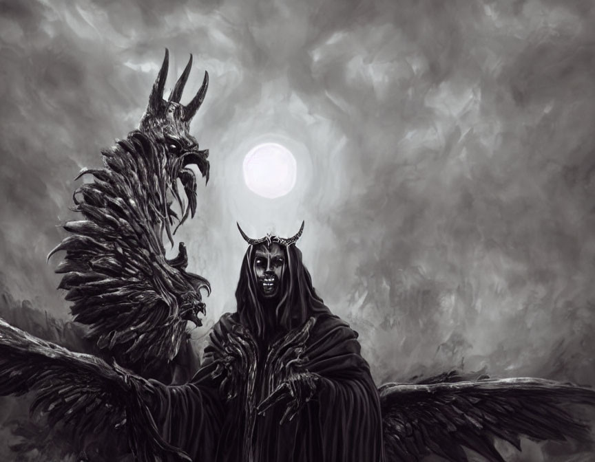 Mysterious figure with horns and wings under hazy moon in monochrome landscape