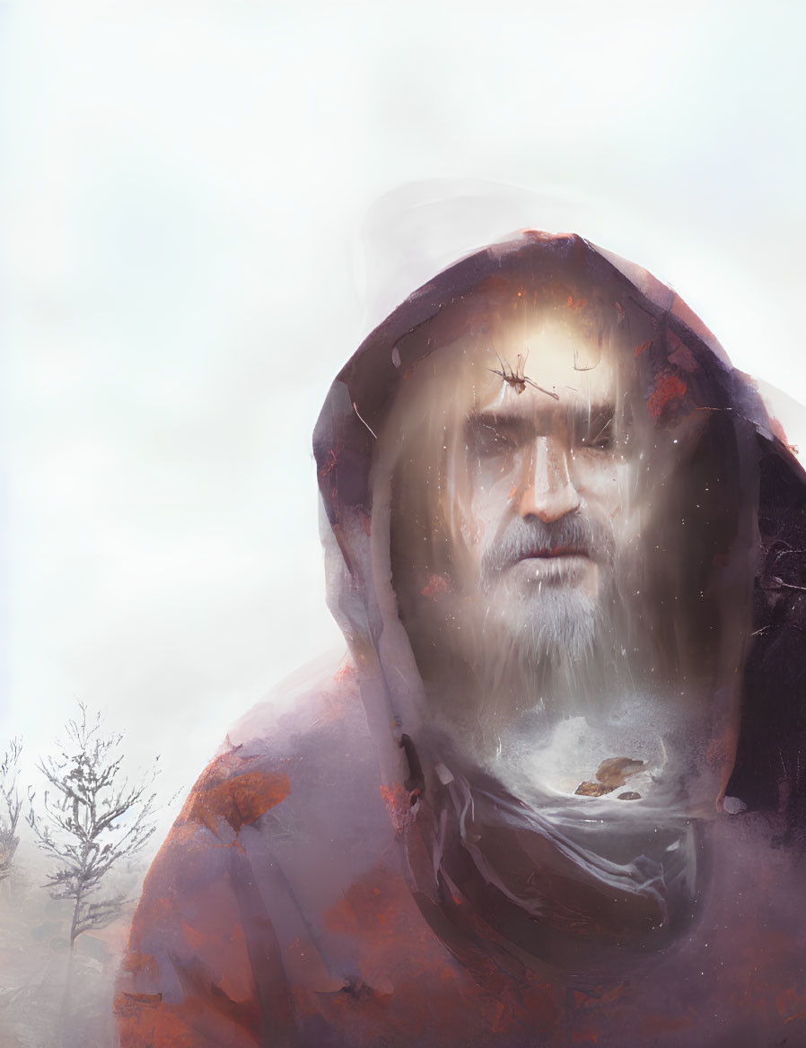 Ethereal image: Bearded man with spider on forehead in hooded cloak