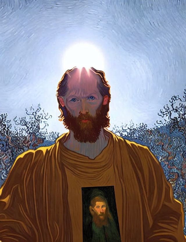 Bearded man in golden robe with swirling blue patterns and bright light