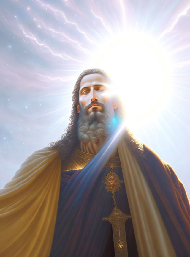 Serene Bearded Figure in Blue and Gold Robes with Halo