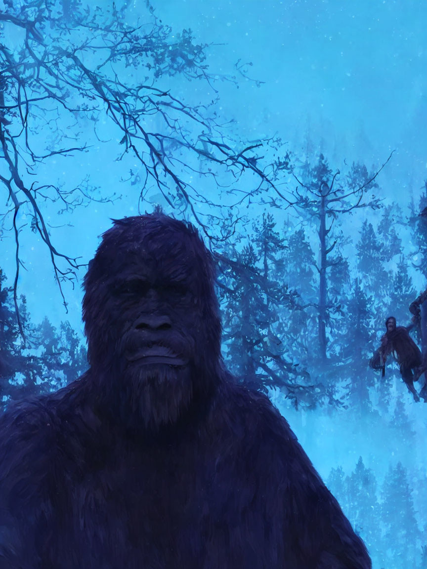 Black gorilla in snowy landscape with person hanging from tree