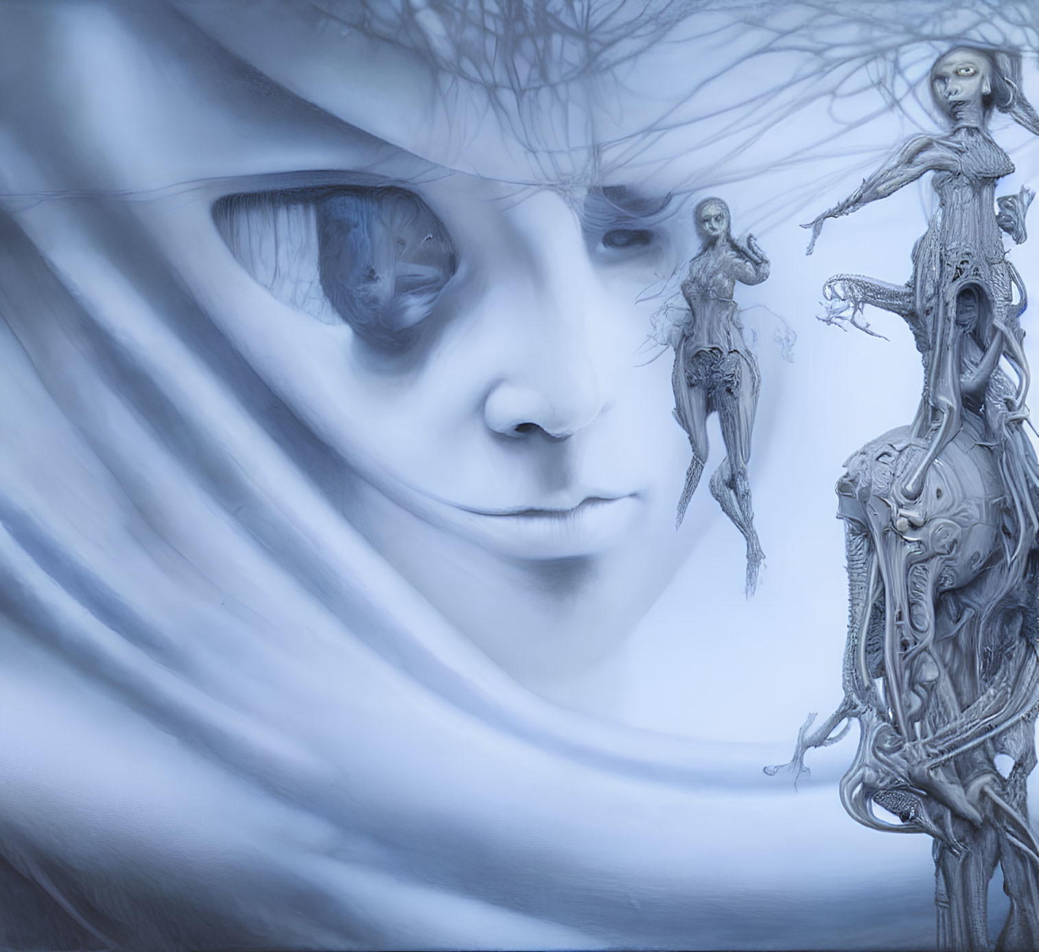 Surreal blue-toned image of eerie face and ethereal figures